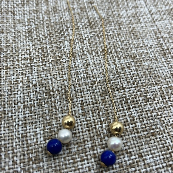 14K Gold Mexico Stamped Threader Earrings with Lapis Lazuli and Pearl Beads - Picture 6 of 11
